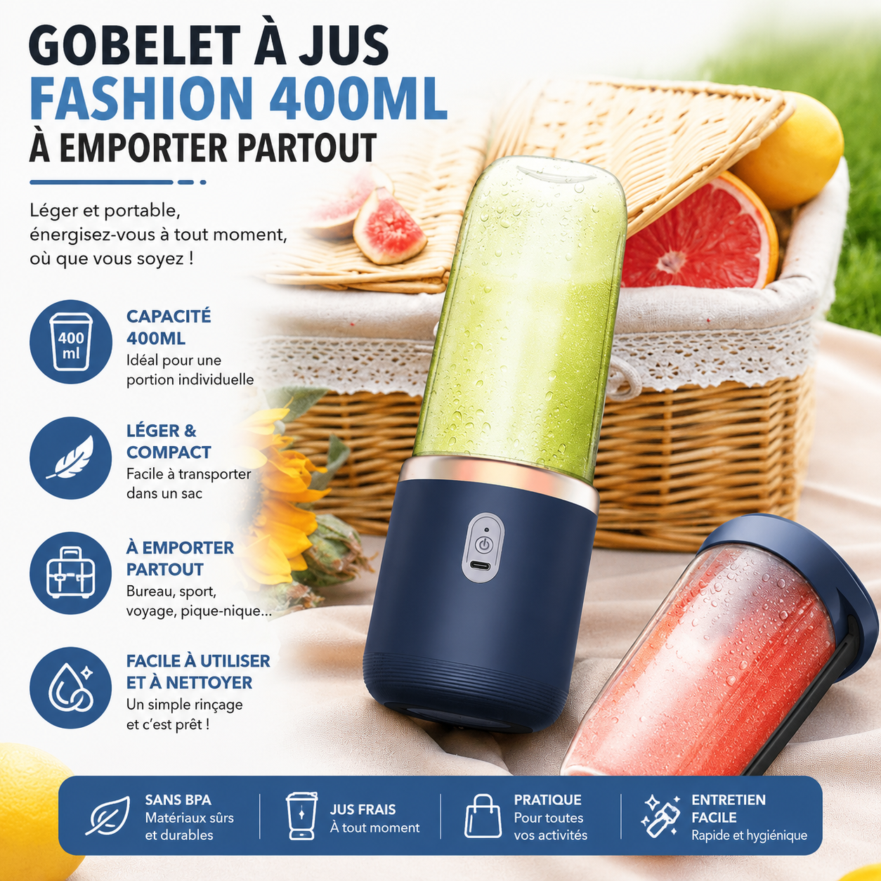 Mini Mixeur Portable USB – Smoothies & Jus Frais